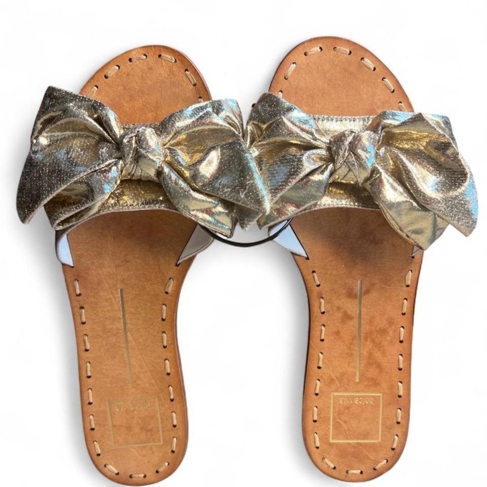 Dolce Vita Gold Metallic Bow Slide Sandals Flat Slip On Shoes Size 8.5